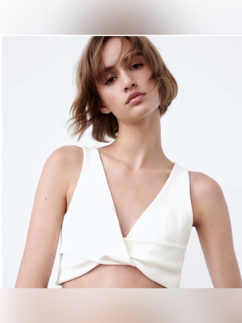 ZARA White Deep V-Neck Twist Front Crop Top Size Small